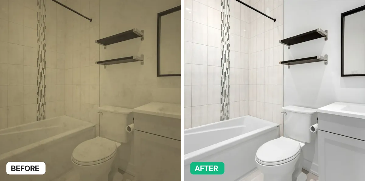 Bathroom before and after an Airbnb turnover clean